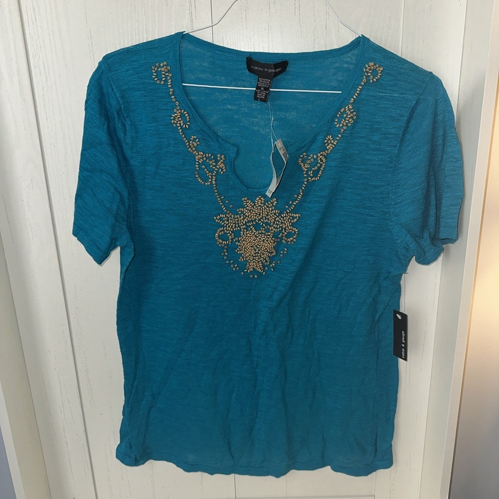 Cable & Gauge turquoise embellished Women's Bead Sweater Sz L Petite 3/4 Sleeve